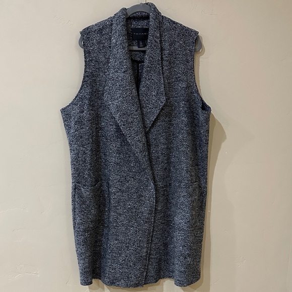 Tahari Wool blend Charcoal Gray black Textured longline Vest pockets Sz 1X - Picture 2 of 15